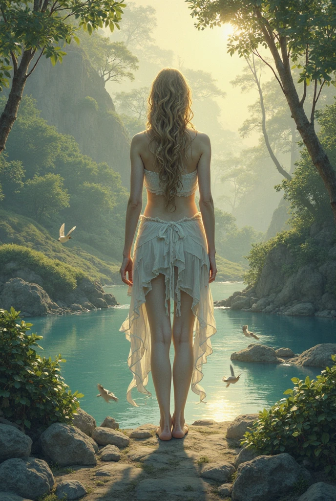 on river with many lotus, there are three small greek woman swim and chill, river, water, lotus, lotus litter flower, plan, tree far away, dramatic sky, dramatic cloud, on a dust field, naked, female greek,female greek god, white hair, hairy torso, fantasy, intricate, elegant, highly detailed, digital painting, artstation, concept art, smooth, sharp focus, illustration, naked