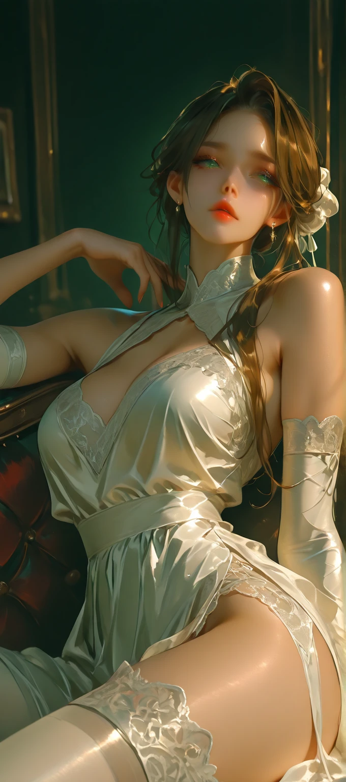 best qualtiy， 超高分辨率， （realisticlying：1.4）， 1girll， Off-shoulder white shirt， Black tight skirt， a black choker， （Faded gray gray messy bun：1）， faded ash-gray hair， （big cleavage breasts：1.2）， looking at viewert， closeup cleavage，
  ,see-through transparent clothes，lace panty，White skin, Beautiful long legs，Raised sexy，Pornography，seductiv，succubi，white under lingerie，Bare waist and back