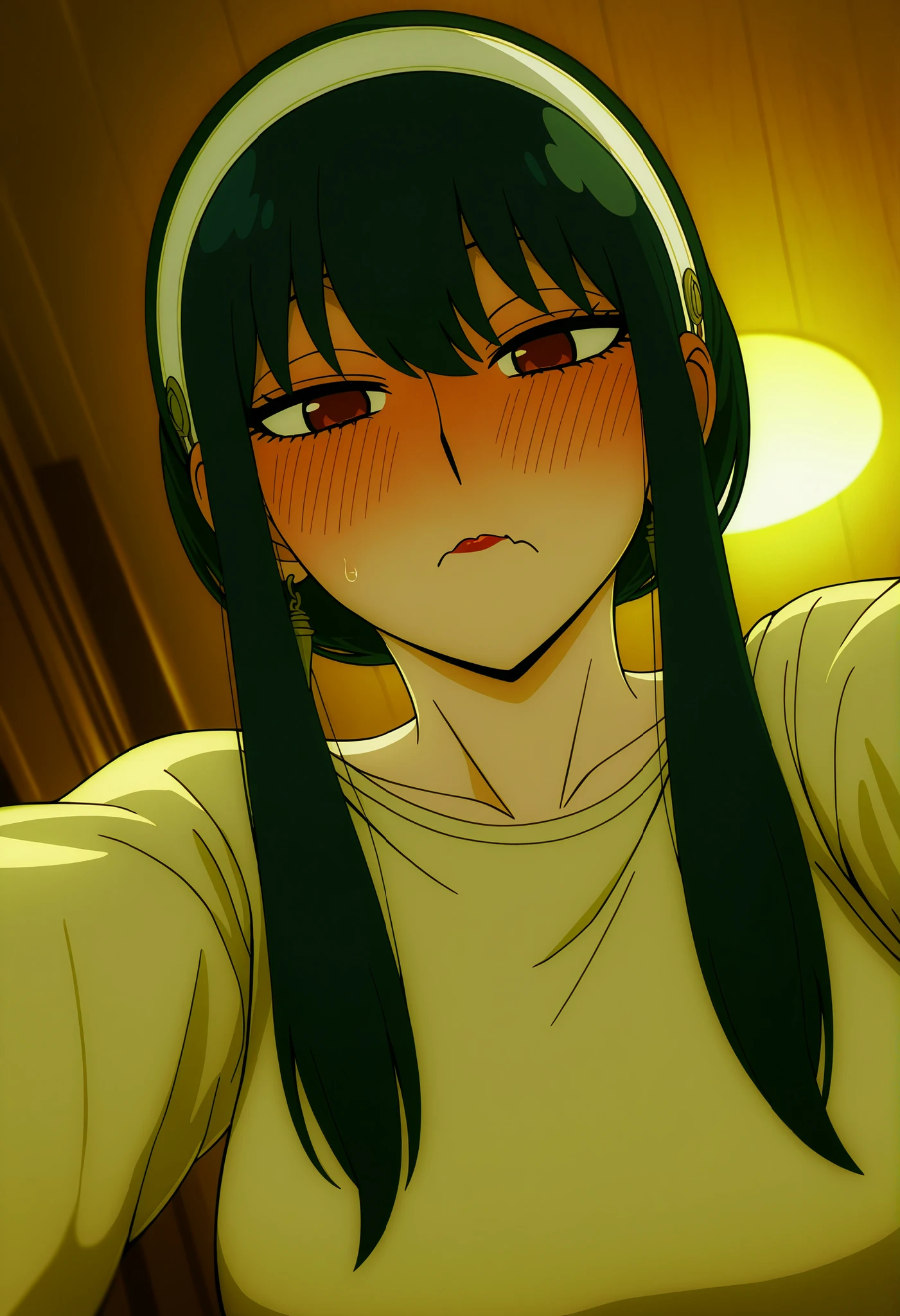 1girl, yor briar, red eyes, black hair, hairband, white hairband, sidelocks, long hair, large breasts,sharp eyes,red cheeks, aggressive female, handsome girl, red lipstick , closed mouth,looking at viewer from below twords above, ,a gentle, red cheeks,drunk,Her cheeks are deeply flushed, shinny eyes, badass