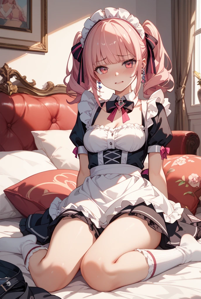 Highest quality、Shiny silk pink princess dress with lots of ribbons、Micro Mini Skirt、Large diamond accessories、Large two-tone double bow tie、White collar、White over-the-knee socks、Lace Stall、Pink high heels with ribbon、Flushed Cheeks、Embarrassed look、panic、Big Breasts、A large tiara with a pink ribbon、Short Hair、See-through、Heart symbol、No bra、Canopy bed、Open your mouth wide、Cry、Strong winds、Soaking wet