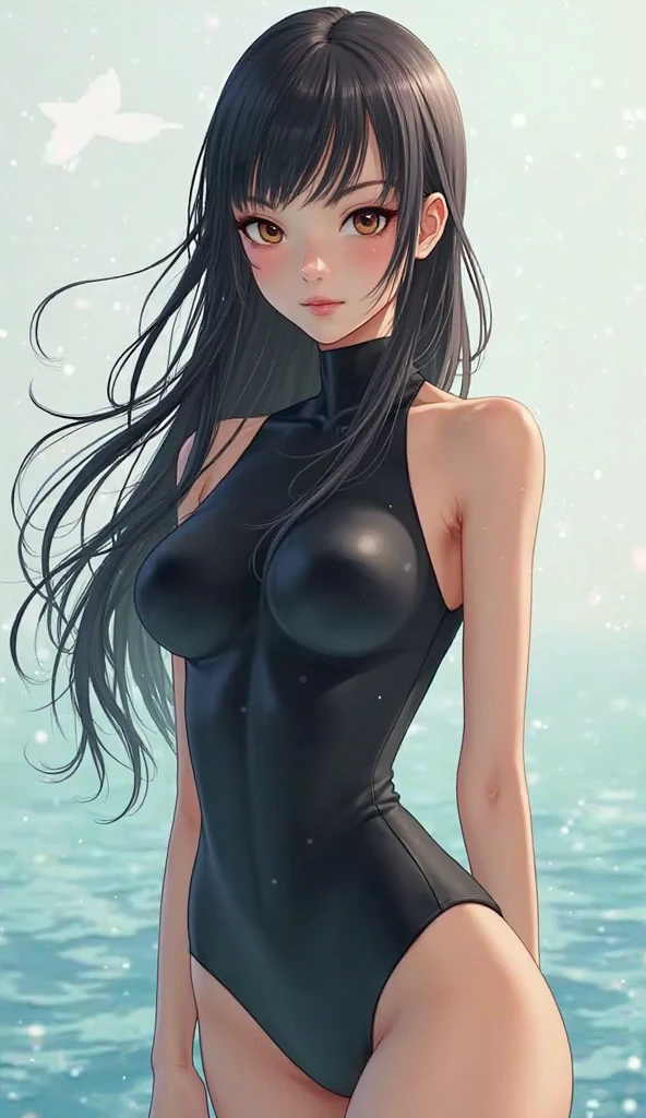 (((4K,masterpiece,best quality,ultra detailed,high resolution))),(noon,front light),((solo)),looking viewer,(beautiful girl),(teenage),(black hair),(beautiful detailed face,beautiful detailed eyes),(finely detailed skin,fair skin),slender,light smile,shy,(blue swimsuites,one-piece competition swimsuits),(on the besutiful lake,beautiful sky),(arms behind back),(cowboy shot,from below),medium breast,