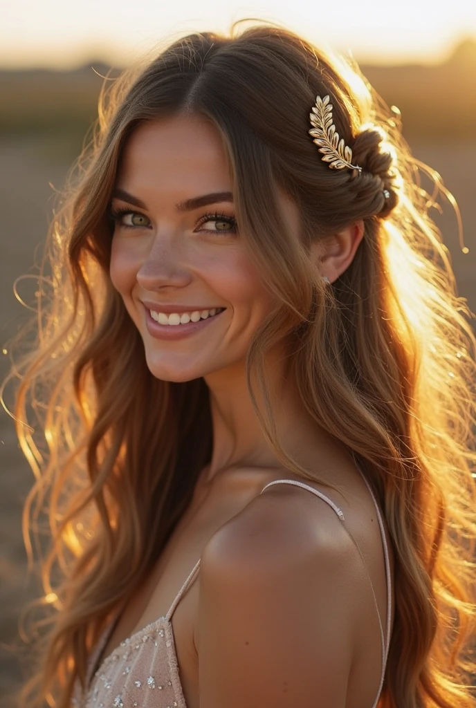 ((RAW shooting:1.5, realistic:1.5, 8K, highest quality, masterpiece, ultra high resolution)), night, summer, beach side, Sunny sky without a cloud, professional camera work:1.3, Highly detailed skin and  textures:1.3, glow light effect, Super detailed:1.3, cute 15 year old british princess, Fair skin, Glossy skin, (elegant:1.4, small face), ultimate cute face:1.5, (cute eyes:0.9, looking far away), smile:1.0, (mouth is slightly open:0.4, Cute mouth:0.7), double eyelid, ((Super long white blonde curly hair)), tiara, necklace and earrings, ((elegantで光沢のあるサテンのプリンセスドレスをオフショルダーで正しく着こなす方法)), cowboy shot, ((sunset, sunlight shining :1.6, Strong sunlight spreads across the screen:1.6)), ((Strong sunlight shines on the woman:1.7))