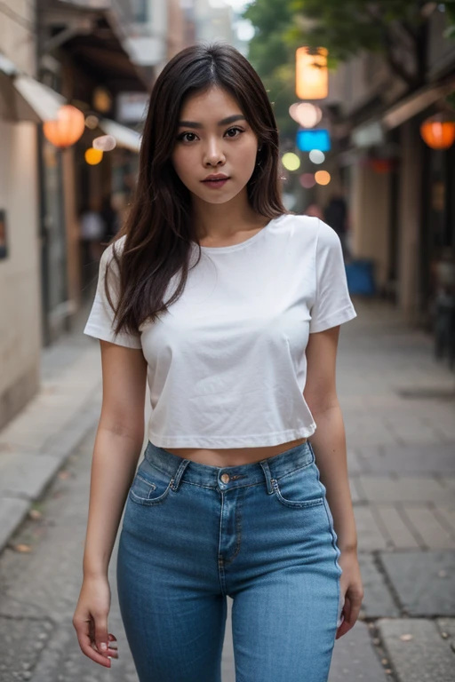 UHD, high quality, high resolution, 8k, asian women 15 years old, wearing a white tshirt and jeans pants, standing under the rain falling down slowly, body and hair wet by the rain, background of the morning atmosphere on the streets of paris city, she is looking to camera, she is missing her love so much and sad, Photos taken with Nikon D750, Inspired by Li Di
