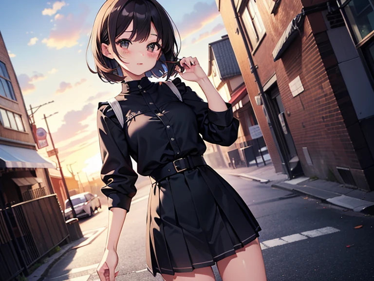 masterpiece, highest quality, 1 girl, alone,  private server,No sleeve,mini skirt, outdoor,red eyes,smile, blush,black hair bob,sexy face,Cheeky smirk,mischief,spring,flower,Does not show fingertips,hide your hands,holiday