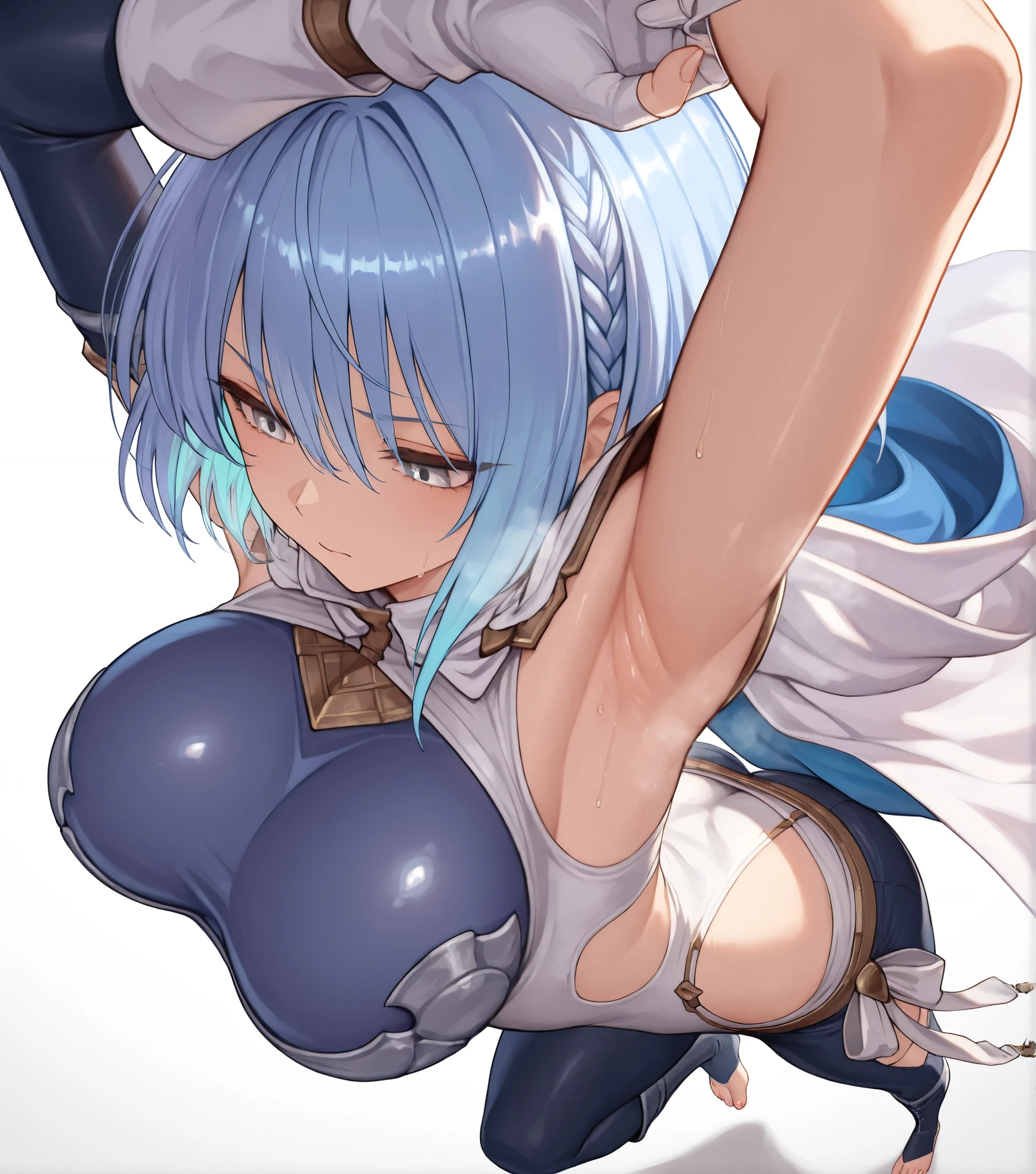 (X-shaped adhesive stand), (Show your hand, Spread your hands, Stock pose:1.4), whole body、fullbody、(((Mature Woman)))(Key Visual, Light blue hair, Red eyes, Long hair priest \(dq3\) Orange see-through bodysuit,Bodysuit that exposes armpits、Very large breasts)(high quality, masterpiece, detailed), A woman being held captive(X-shaped adhesive stand)in stocks pose,Bondage xCross, (Show your hand, Stock pose:1.5), One girl,  A regretful look、(((Perfect hands)))( tears:1.1), (((NSFW、Naughty pictures)))