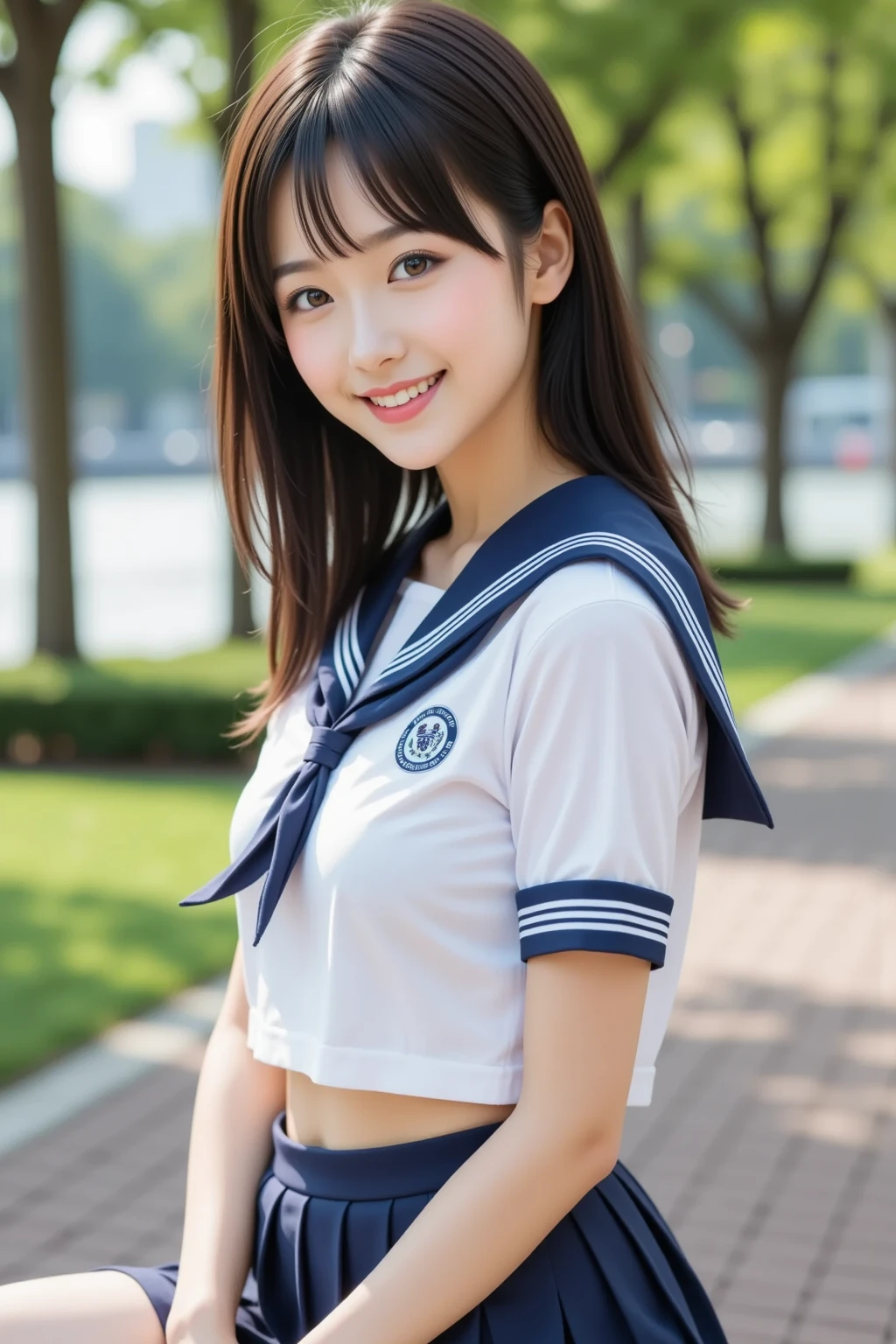 Beautiful woman、15 years old 、Upper Body、Waist、thigh、Lady、80mm lens、Highest quality、(Small breasts)、Small breasts、Small Breasts、Are thin、garden、smile、Sailor suit、beautiful girl、ponytail