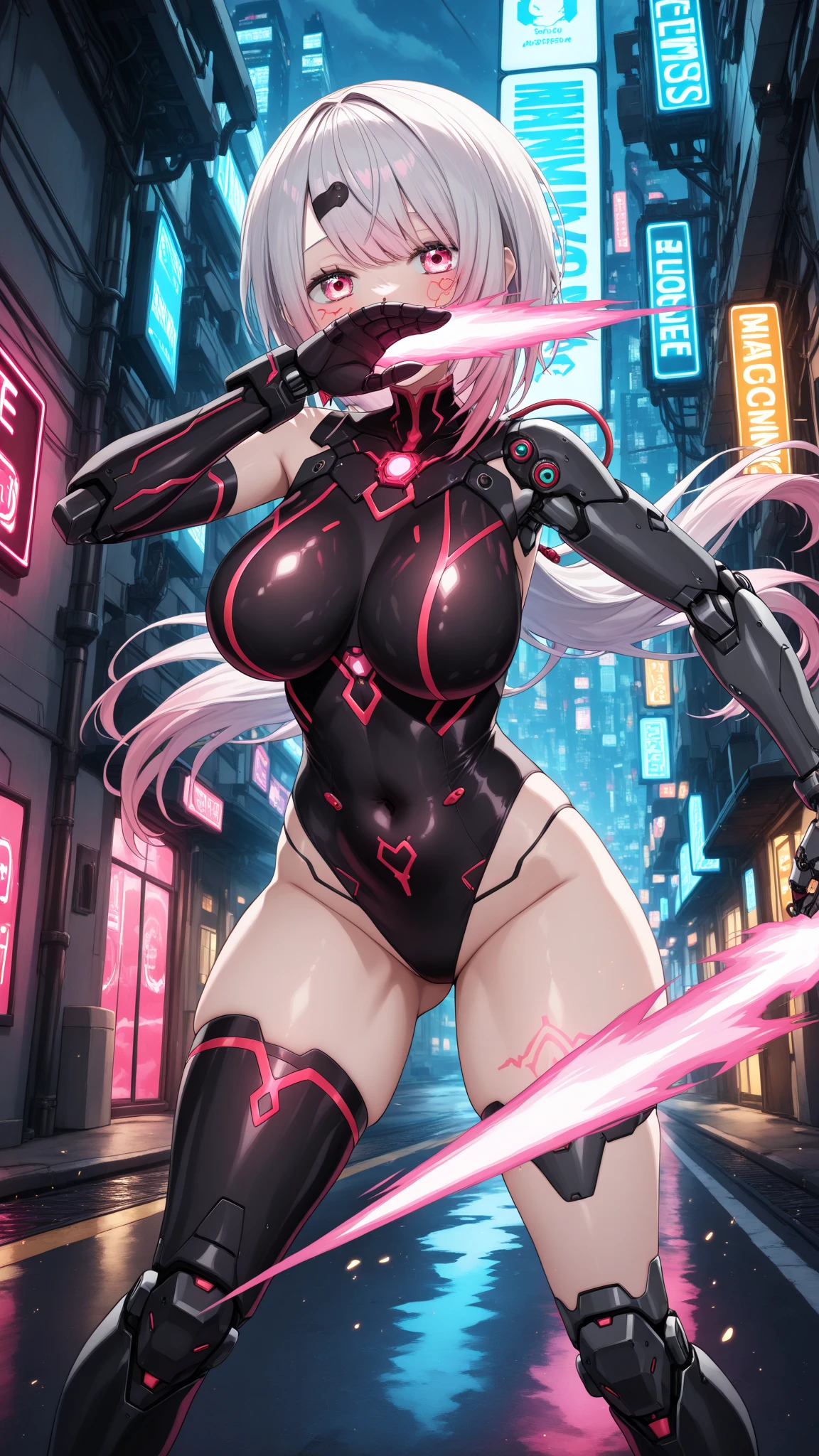 best quality,4k,8k,highres,masterpiece:1.2),ultra-detailed, extremely detailed eyes, extremely detailed body, (large masterpiece digital art), (detailed manga illustration), (detailed line art), ((perfect anatomy)), high quality, expressive eyes, full body, tall girl, detailed face, beautiful face, perfect face, breasts, cleavage, gloves, A photograph of mid-twenties Japanese female android made of shiny white and silver translucent glass and plastic, geisha makeup and hairstyle, silver metal internal body mechanisms, dynamic pose, flowing organic construction, glowing golden circuitry, colorful neon trim, glowing circuitry, neon trim, depth of field focus f/2.8, art by H.R. Giger, Greg Rutowski, bodysuit, thick thighs, toned, emblem, cinematic lighting, dynamic lighting, 4k resolution, dynamic pose, weapon, energy weapon, cover, mecha musume, fortified suit, mechanical parts, headgear, robot joints, bodysuit, deva battle suit, gloves,