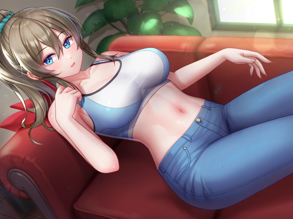 mei, brown eyes, casual, plump, swept tank top, blue shorts, sunlight, living room, <lora:meiOverwatchLORA_v1:0.8>, best quality