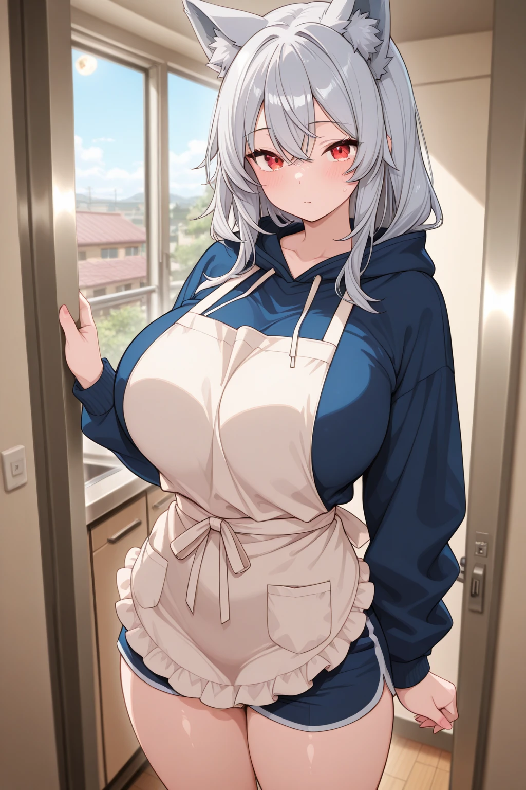 score_9, score_8_up, source_anime, 1girl, solo, KoboKanaeru, blue eyes, long hair, blue hair, colored tips, white hair, high-waist skirt, The uniform features a vibrant, blue batik patterned shirt with long sleeves. A simple black belt cinches the waist.,long skirt, blue navy skirt,, long sleeves, , standing, indoors,house kitchen, (bound wirsts), (arms behind back), (tapegag, tape gag), dramatic, (looking at viewer), (detailed pupils:1.3),pencil skirt,big breast ,red rope, thick rope