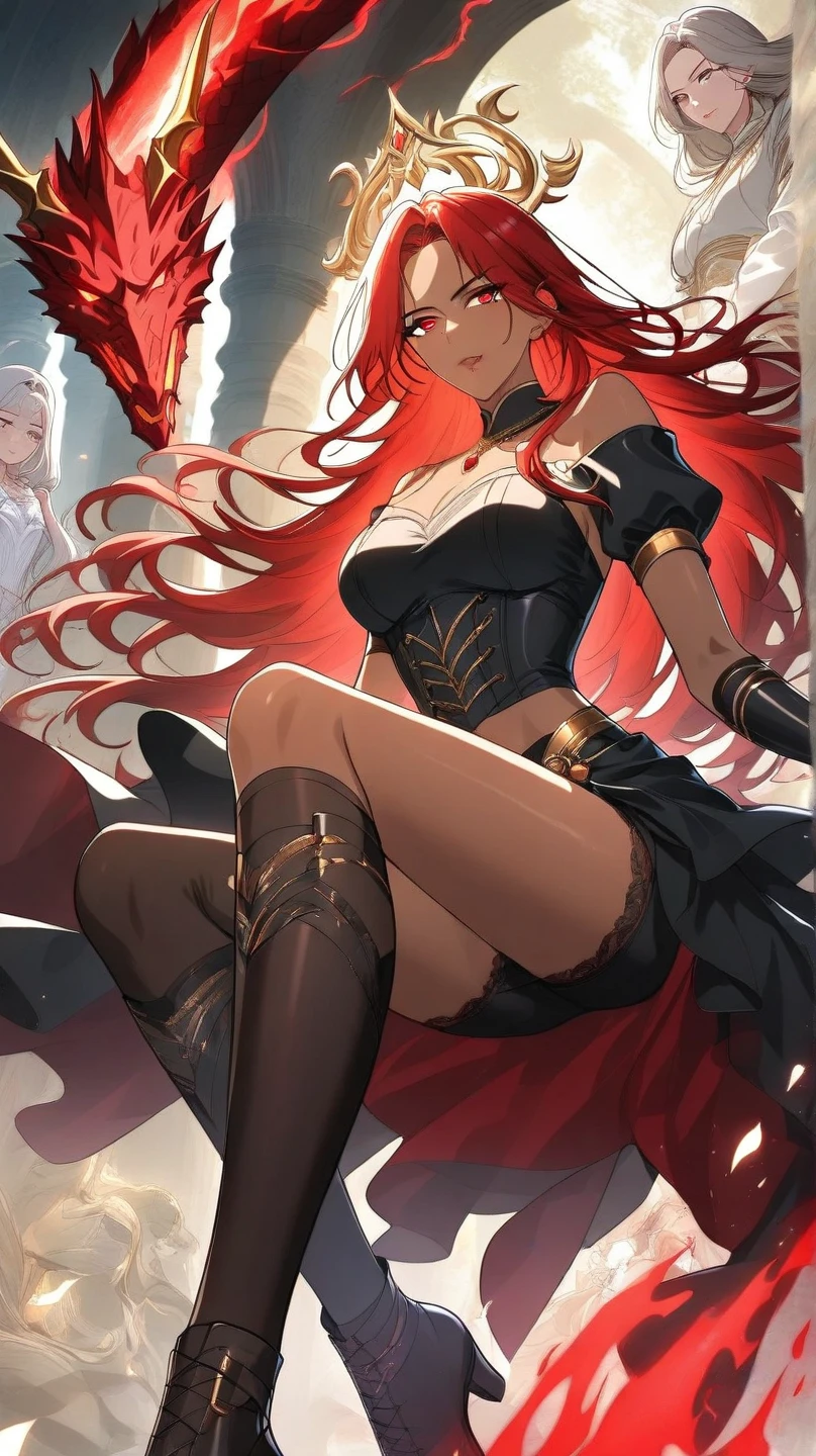 masterpiece, best quality, 1girl, long hair, big bust, very long red hair, yellow eyes, buns with braid , black dress, jewels, ruby earrings, good anatomy, red gloves, boots, heels, evil, emotionless, intimidant, bloody, detailed eyes, dark background, close up, ((detailed eyes)), beautiful eyes, hair bang, profile