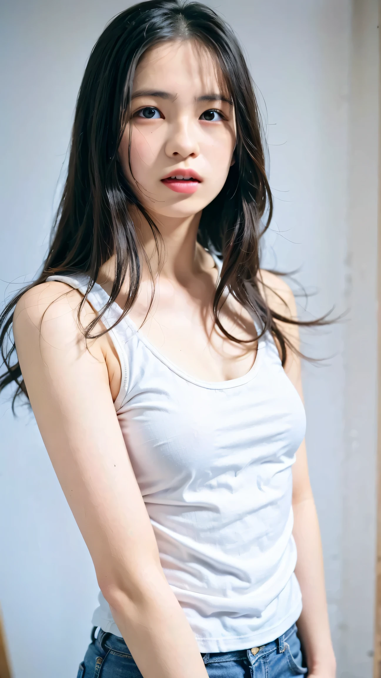Dark brown hair、Light brown eyes、Japanese actress、 Lady、I40歳くらいです.、(Intricate details:1.2)、(Which is the top???:1.4)、 (Ultra-high resolution:1.2)、Ultra-high resolution、(Finely tuned)、(Detailed facial features)、Hmph、8K resolution、D cup size breasts、Long Hair、Enjoying the sun and shade in Los Angeles、relax、、,Full body photo、Head to toe shot、Beautiful feet、camisole、Denim pants、Blackpink Jenny I、Take this photo、Beautiful feet、she, Fashion Hub, Attention to detail, Very detailed, Realistic, Hourglass Shaped Body, Obscene pose,Leaning against a wall、Place your head against the wall and lift your chin slightly.........、Poses that make you feel weak、Are crying、Deep sorrow、My eyes and cheeks are wet with tears、