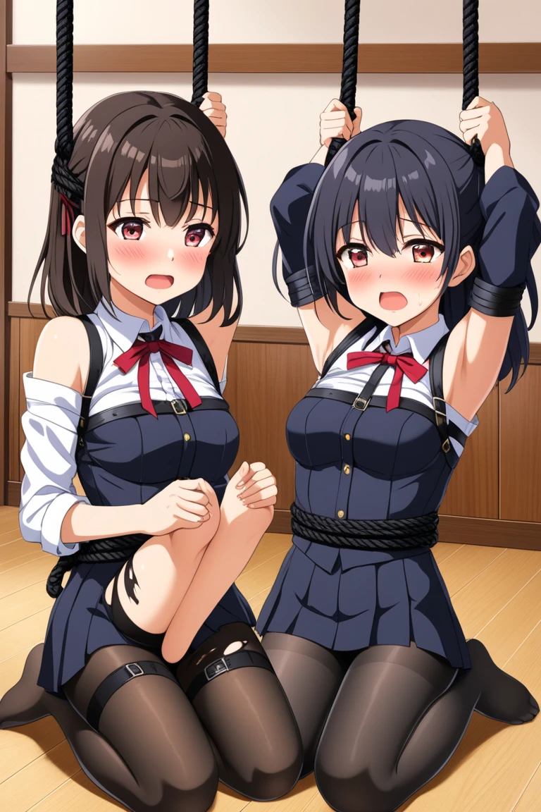 suzunehorikita, suzune horikita, long hair, black hair, (red eyes:1.3), hair ribbon, braid,
BREAK bow, , jacket, bowtie, blue bowtie, blazer, (red blazer:1.5), skirt, white skirt,
BREAK indoors, classroom,
BREAK looking at viewer, (cowboy shot:1.5),
BREAK (masterpiece:1.2), best quality, high resolution, unity 8k wallpaper, (illustration:0.8), (beautiful detailed eyes:1.6), extremely detailed face, perfect lighting,shoes, extremely detailed CG, (perfect hands, perfect anatomy),bound with an excessive amount of ropes), (bound wirsts), (arms behind back), (tapegag, tape gag), dramatic, (looking at viewer), (detailed pupils:1.3)
masterpiece, (best quality), perfect eyes, bound, bondage, (arms behind back:1.4), bdsm, tape gag, rope, rope bondage, close-up, restrained,curled up, best anatomy, full body, sitting on the chair school ,shoes