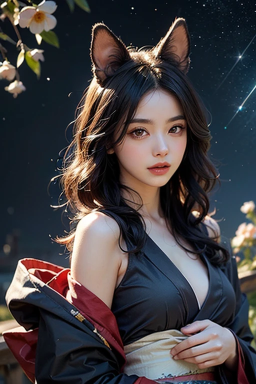 high resolution、beautiful girl、beautiful、smile、Beautiful black hair、Straight long hair down to the back、Red eyes、Japanese style makeup、Black fox ears、Black fox tail on the butt、shrine、torii、night、Starry Sky、Fantasy、Blue fox fire、