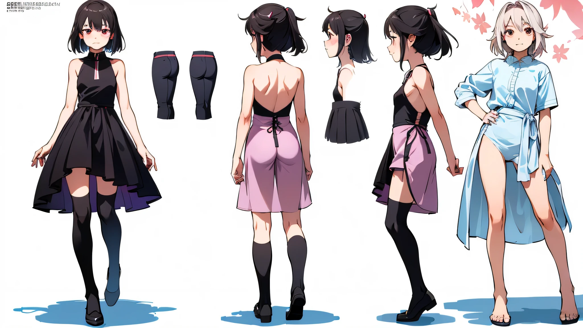 ((Highest quality)), ((masterpiece)), ((Realistic)) 19 years old, Black Hair Girl, Waist-length hair, Relaxed happy face ((thin)) (Big Breasts), ((( Prom Dresses))) (((mini skirt))) ((Sexy Dress)) ((( Under the skirt ))) (((White Thong))) Bun hairstyle, (((Detailed character sheet, Front view, Side view, 3/4 Views))) (((White Background))) Six and a half whole bodies