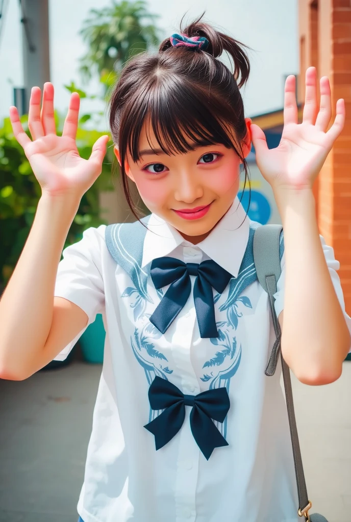 ,Short sleeved white shirt,Red tie,Navy blue mini skirt,Navy blue socks,open mouth,tongue out,cum on tongue,standing,slouch,Selfie,looking ahead,from above,flont view,upper body,(1girl,Beautiful 14 year old girl),((Slender,Small breasts,Small face,)),looking at viewer,Black Hair,bangs,one side up,Beautiful and detailed,Mischievous smile,Dimly lit room,Simple Background,Black background,Low lighting
