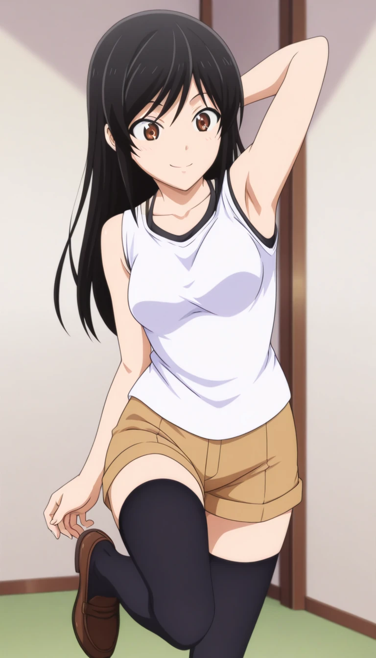 Menina anime in pink top and black pants sitting on the ground, beautiful Menina anime squatting, seductive  anime, Hinata Hyuuga, the  anime is crouching, attractive  anime, tifa lockhart, Tifa Lockheart, personagem feminina de anime, por Jin Homura, an  anime, tifa, (Menina anime), retrato sedutor de tifa lockhart