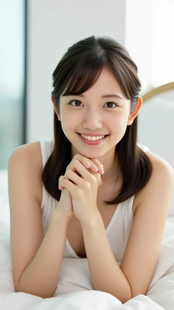 "A close-up shot of the face of a beautiful woman with long hair in a navy blue swimsuit in a bedroom. She has a straight nose, double eyelids, and is smiling while looking directly at the camera."