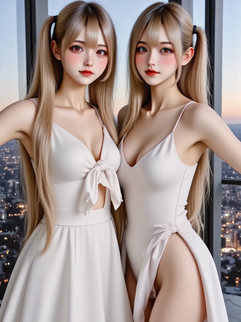 2 blonde Girls, Beautiful, Baby symmetric Face, 17 Years Old,,enormous Breasts ,(wearing rythmic gymnastics leotard)), sitting near a grand piano, long blonde curly and wavy golden Hair tied in braids,and pony tail adorable masterpiece ((yellow honey colored eyes)) , seductive legs very thick hourglass figure body, ass 3/4 view,closeup , rubbing their breasts, soft dark ambient lights 3/4 
