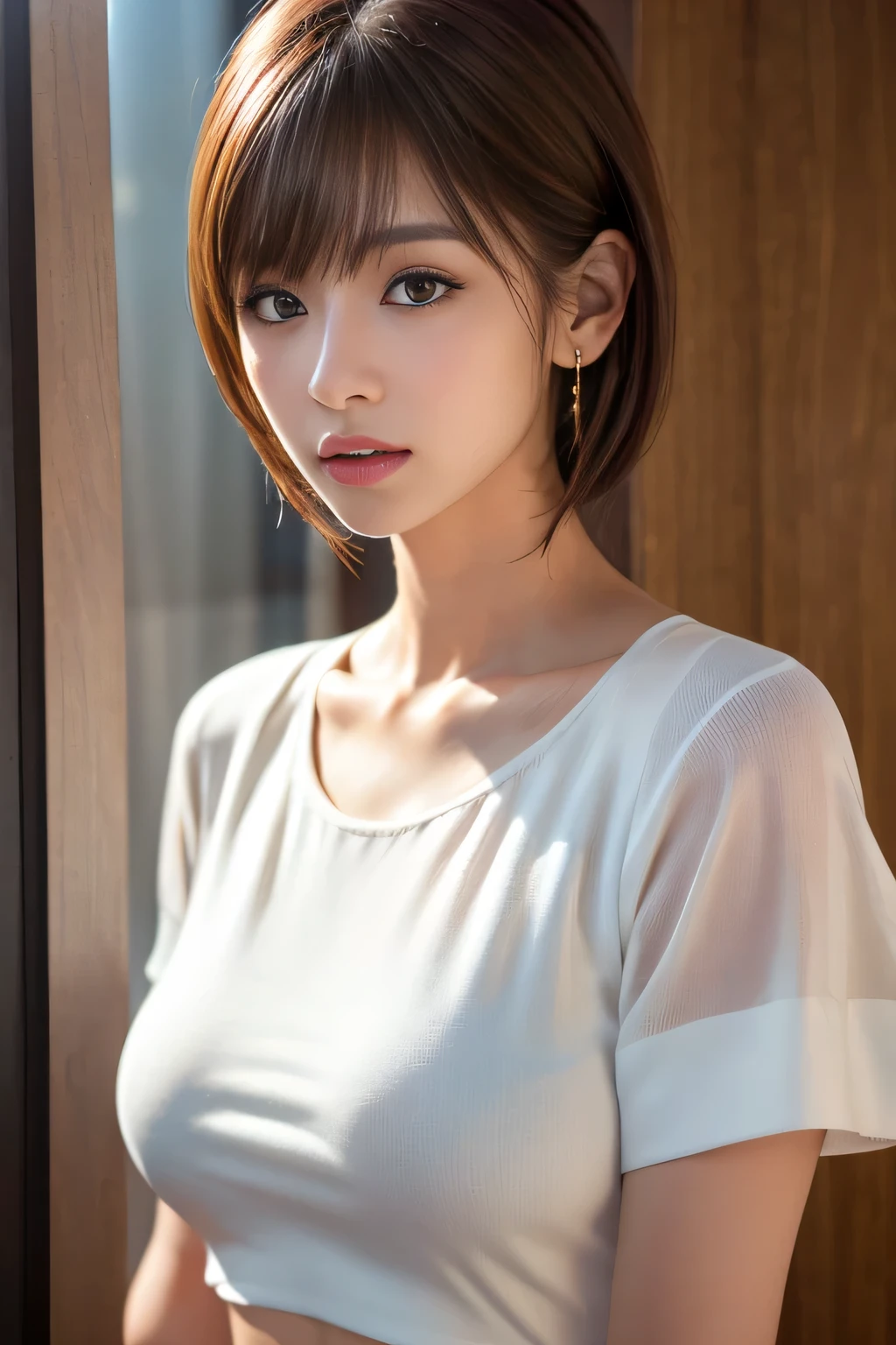 Ultra High Definition, Superior Quality, Premier Quality, ultra detailed, Photorealistic, 8k, RAW Photos, highest quality, masterpiece, Attractive Young girl, Angelic girl, Brown Hair, Short Hair, Mesh Hair, glossy lips, natural makeup, Japanese Idol, Sophisticated, Stylish, model posing, satin silk white shirt, 