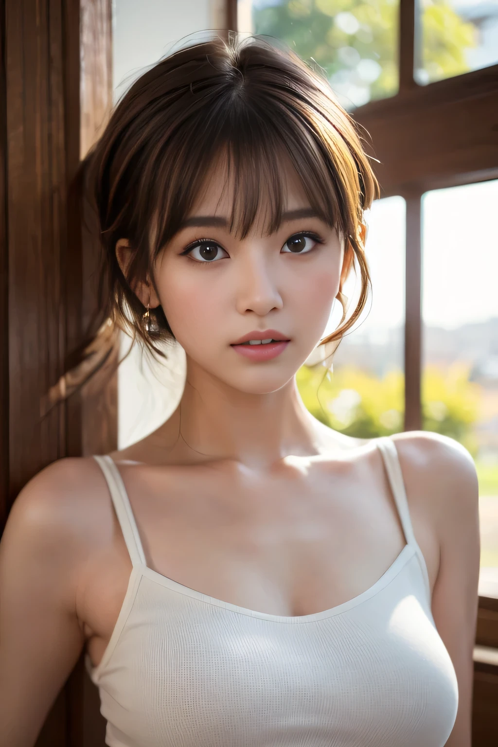 A maid girl in a bikini walking down the hallway, White bikini outfit, Beautiful Face, Cleavage, Beautiful Lips, ponytail, necklace, Head ornament, Detachable collar, White bow tie, White wrist cuffs, Professional Lighting, masterpiece, Very delicate and beautiful, 8k wallpaper, Large file size, Super detailed, High resolution
