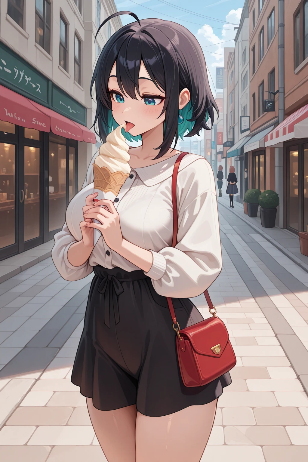 Photorealistic、Highest quality、Highest Resolution、Highest quality、8K、1人のBeautiful woman、Beautiful woman、Beautiful woman、cute、Bob Cut Hair、Dark Hair Color、Casual Style、smile、looks fun、sunny、In town、Eating a popsicle、hot、