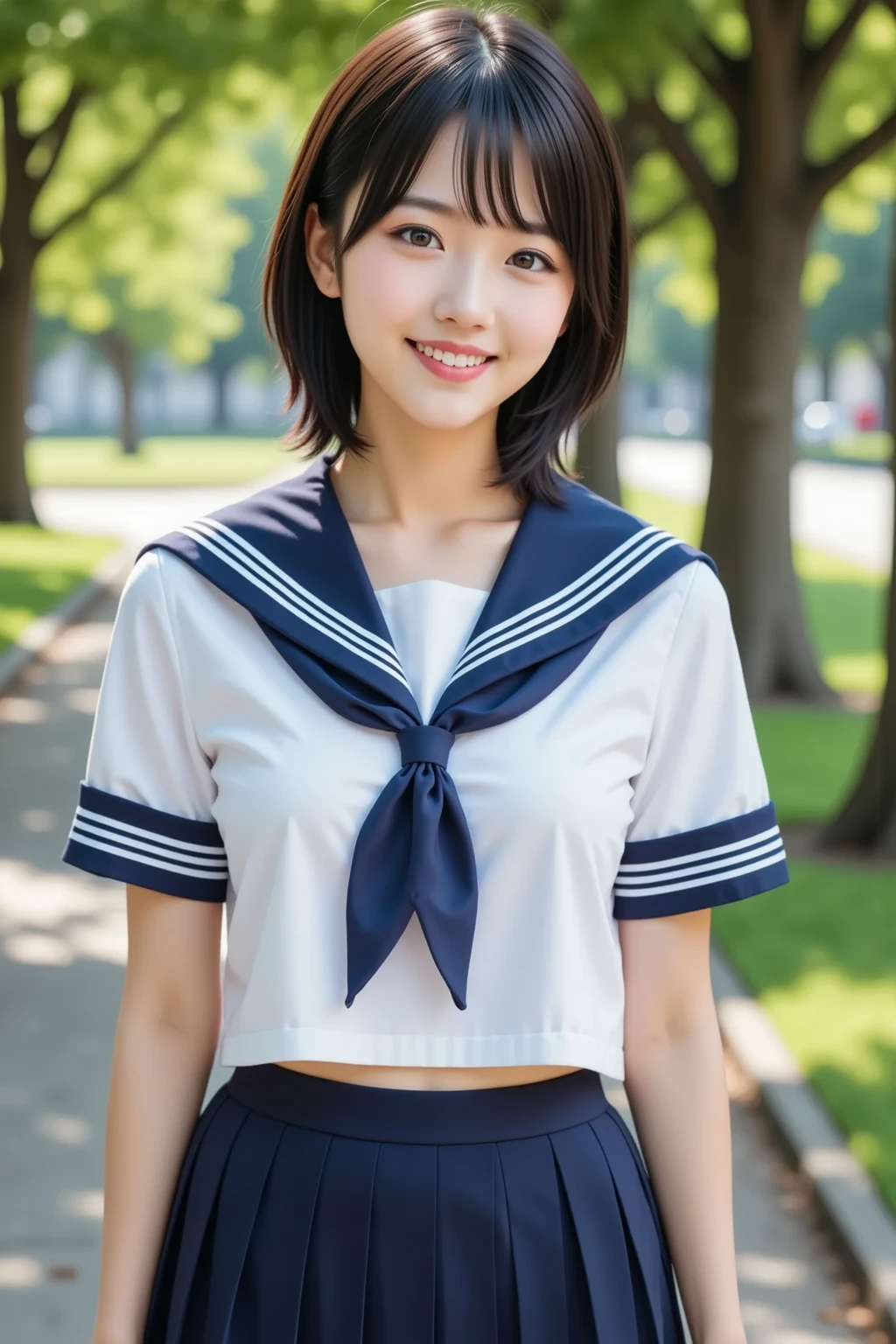 (masterpiece,highest quality,超A high resolution),Japanese women, Very beautiful 17 year old girl, Ubu no Girl、(Perfect limbs、Perfect Anatomy),((Bob Hair)).Cute Sailor Uniform、Short-sleeved sailor uniform、Navy Blue Skirt、pure white、Beautiful Skin、Watery eyes、Sparkling brown hair、The colors and landscapes of youth、Feeling of love、huge 、A shy smile、go to school、morning,belly button、