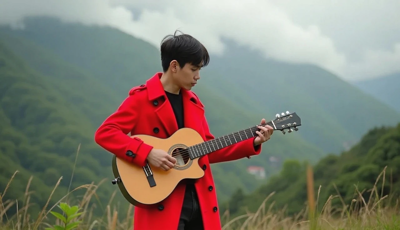 A 21 old man singing a pop song playing guitar, seating on heights place looking under the city, green hill, highway , the small flowers around the boy, (boy upper were color is red and bottom were is white),( highly detailed),(vivid) realistic image 4k HDR