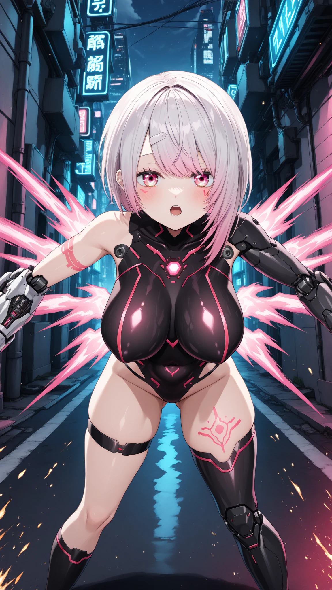 (Highest quality), (High resolution), (masterpiece), (Very detailed), One Girl, Cowboy Shot, One Girl,silver wolf\(Collapse Star Rail\), Grey Eyes, Grey Hair, Long Hair, Vertical roll ponytail, One Girl, Medium chest , Silky skin, Glowing Skin,(Black rubber suit, High leg, No sleeve, Thigh-high socks, Detachable sleeves), Front view, (Bright saturation), Love juice drips from between her legs, brainwashing, visor, wire,clavicle, Eyes glowing purple,Absurd, brainwashinging,Hollow Eyes, Fallen into evil,Sexually opening legs, Ecstatic expression, Delighted, Turn your body forward, Heavy breathing, Heart Pupil