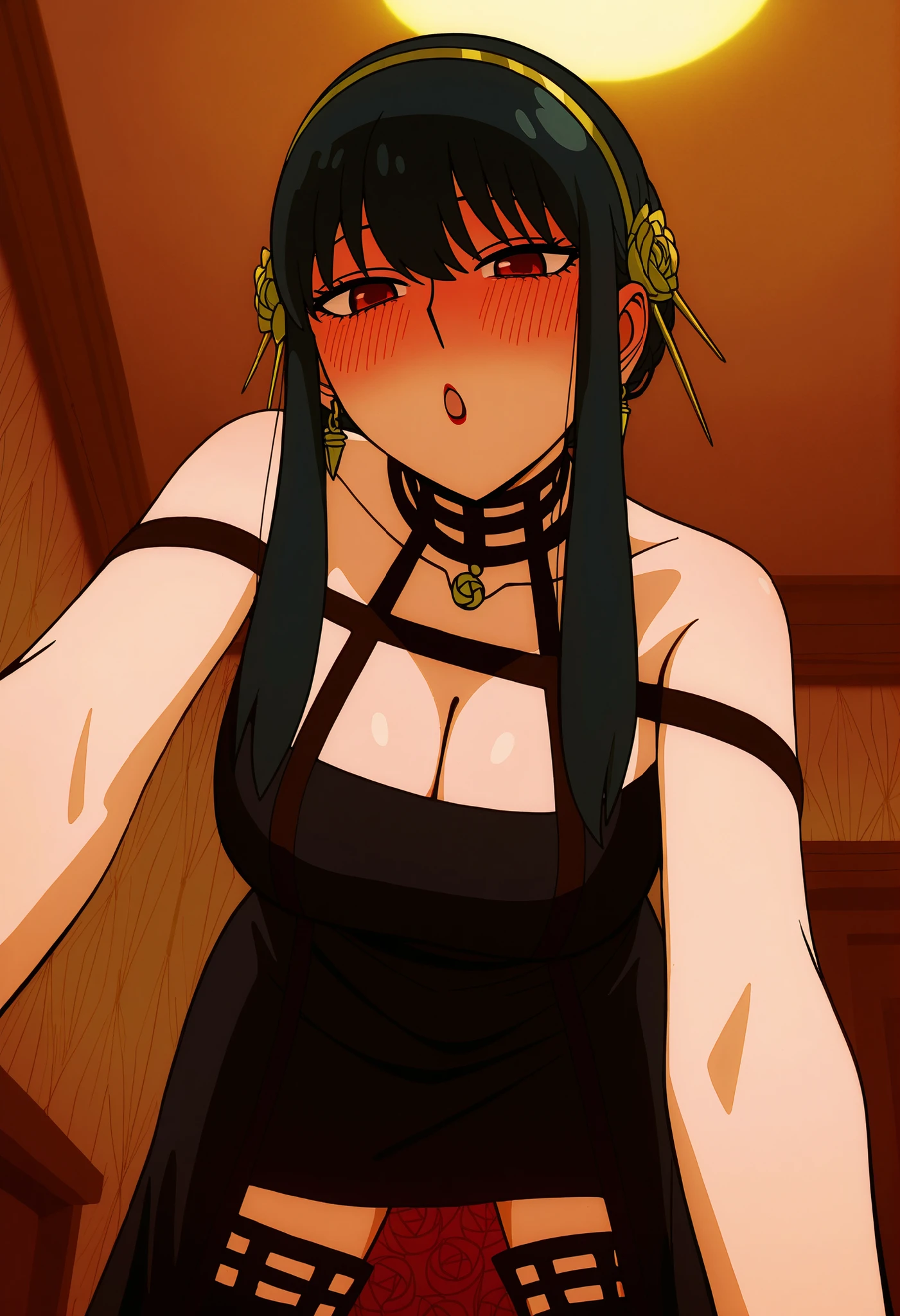 1girl, yor briar, red eyes, black hair, hairband, white hairband, sidelocks, long hair, large breasts,sharp eyes,red cheeks, aggressive female, handsome girl, red lipstick , ,looking at viewer from below twords above, ,a gentle, red cheeks,drunk,Her cheeks are deeply flushed, shinny eyes, badass , plain black dress, gold hairband, gloves, cleavage, two-sided dress, two-sided fabric, , thighhighs, , standing on all fours