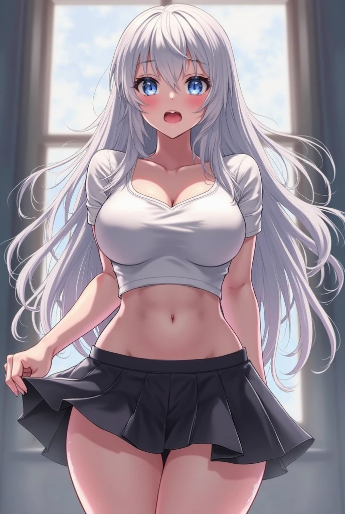 Big Breasts:1.2、、Highest quality、Very detailed、Highly realistic eye masterpiece、Highest quality、Very detailed、Gray Hair、Perfect Face、Long Hair、White Dress、Sundress、anime、countryside、Gutter Belt、White Stockings、{{{{{M-shaped legs}}}}}、nsfw、From the side、Slightly transparent、Crotch、I can see it、hide、The wind is blowing、Skirt rolled up、A glimpse、