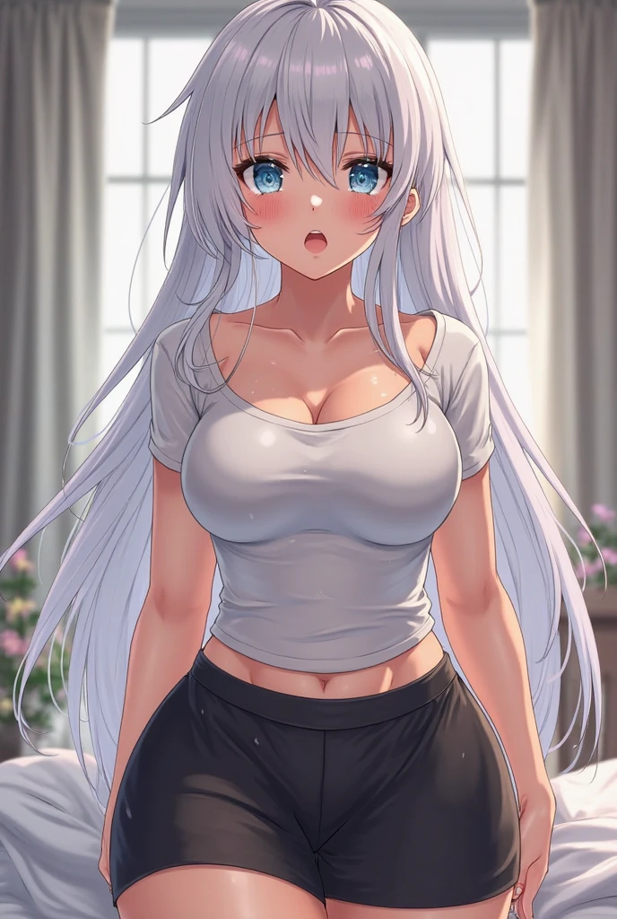 Photo Info: Beautiful, perfect photo, HD, top-quality, masterpiece, perfect hands, cowboy shot, (((Medium-long straight white hair))), (((middle part))), goes over shoulders, ponytail, multiple ear piercings (lobe, helix, and orbital ear piercings),short, cute, lots of makeup, blush on cheeks, long lashes, large doe eyes. 1person, ((((brown eyes)))), confident, round features, tanktop and jeans