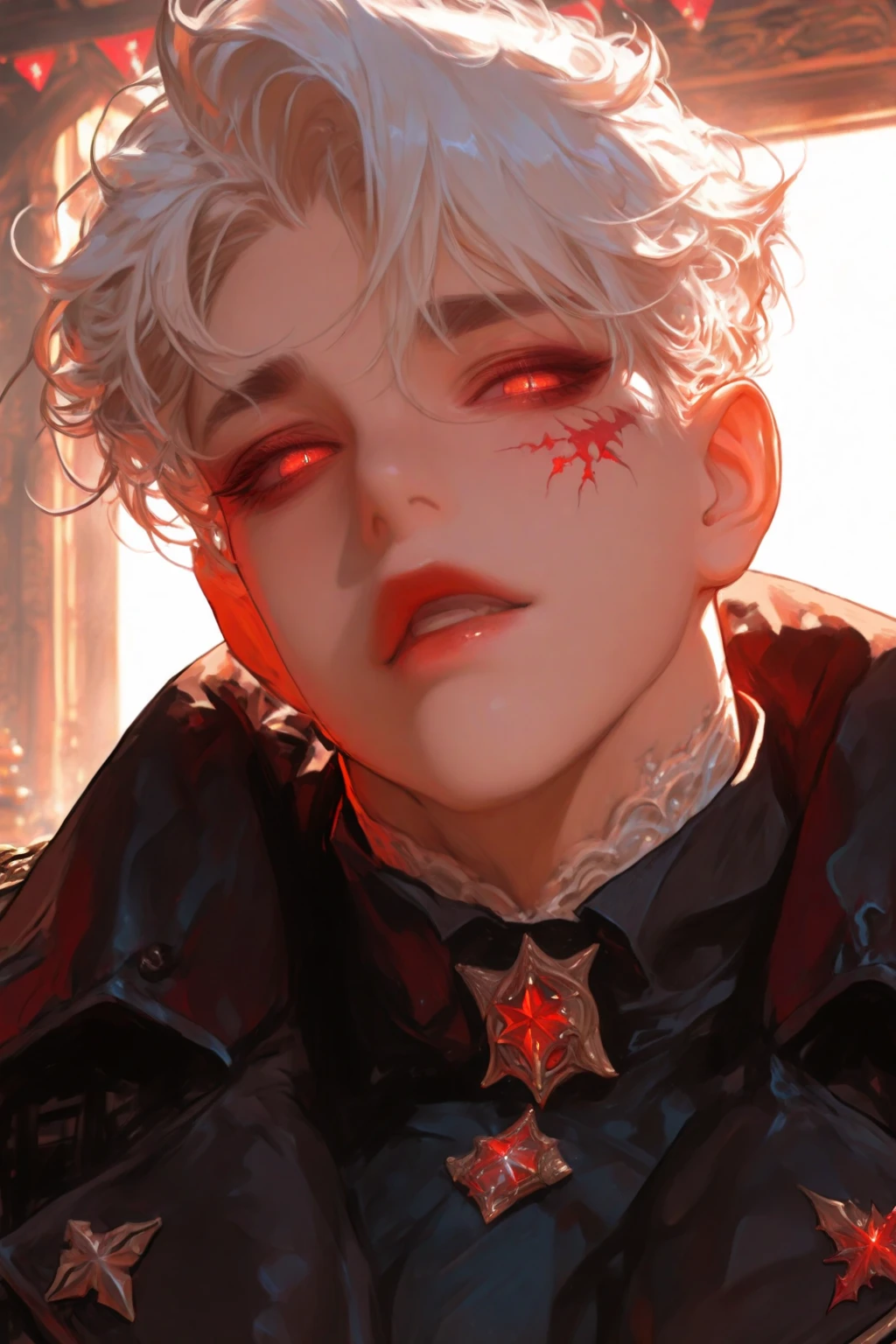 Man with short wavy white hair,black eyes, with gothic style, pale skin, in a basement, with a psychopathic expression.