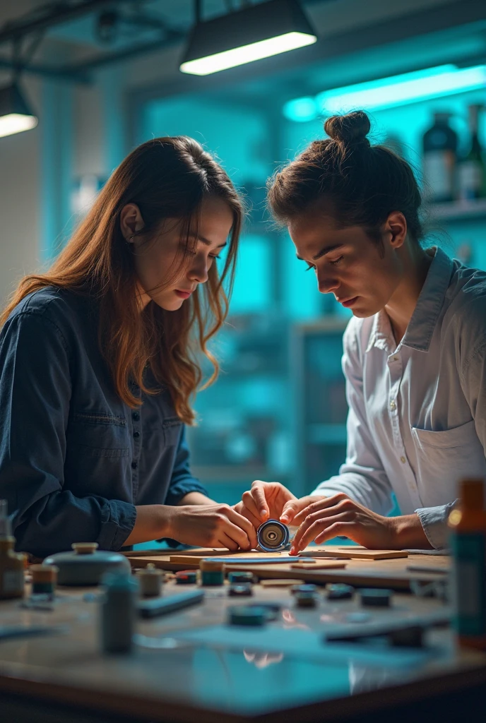 A cellphone technician from Indonesia working with a microscope, accompanied by his sexy wife.