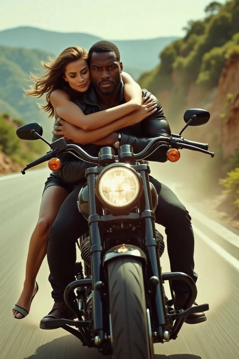 create a cover for an adult movie +18 with a white background where a delivery boy is on top of a motorcycle with a naughty face and a black guy standing with only a towel around his waist
