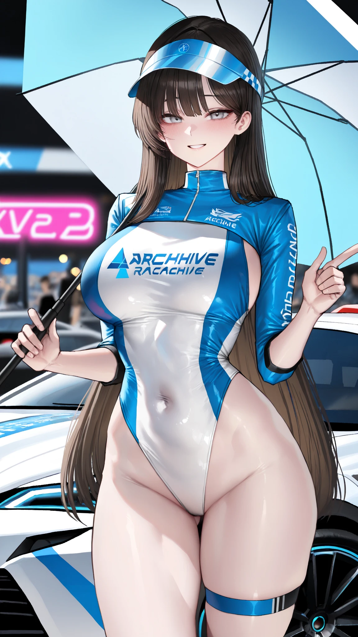 1girl, wide hips, large breasts, wide hips, black hair, long hair, blue eyes, futuristic, machinery, science-fiction, tech, shoes, sneakers, neon trim, bikini, black bikini, black clothes, purple neon trim, full body, light smile, car, sports car, shy, blushing, blush