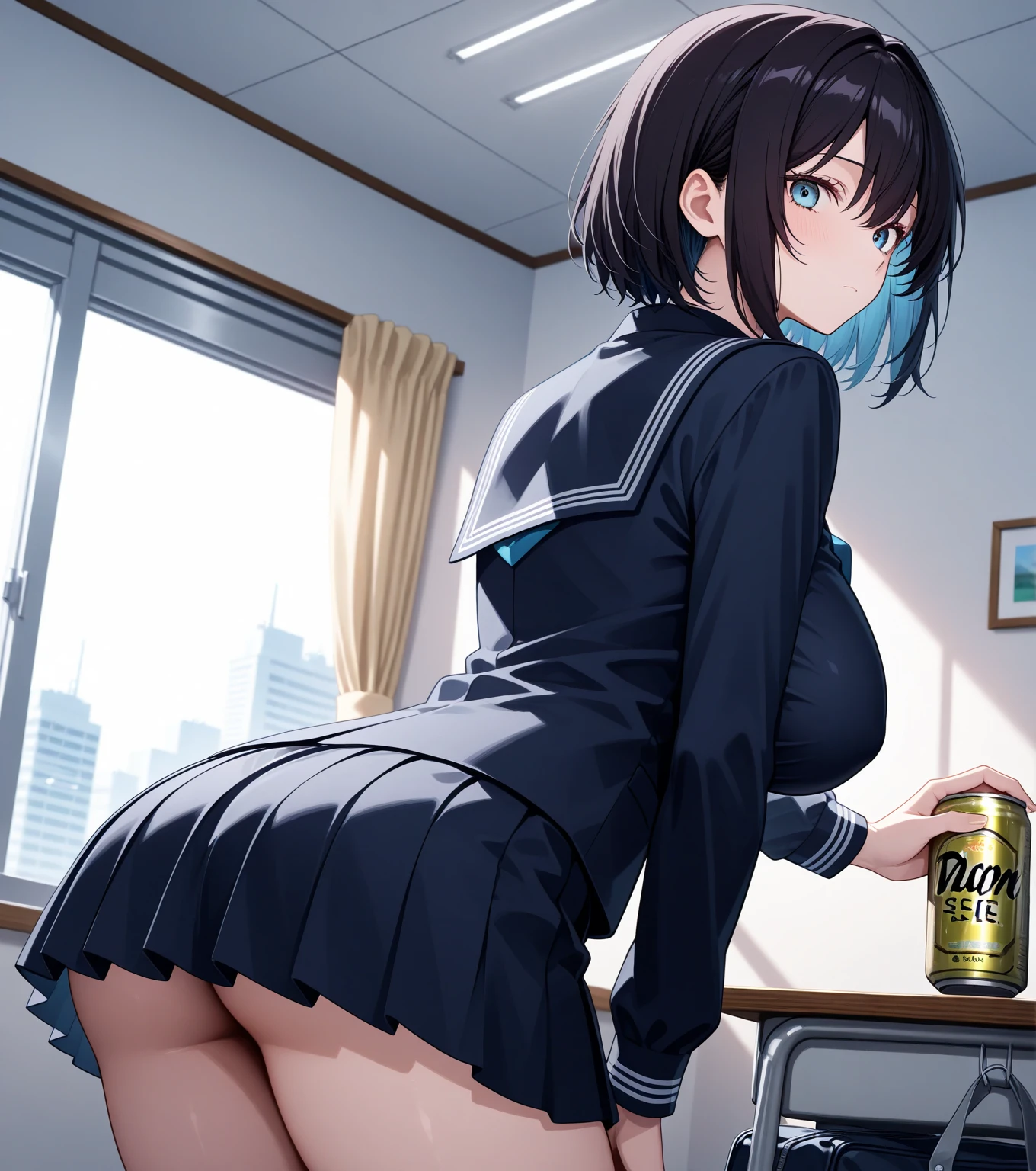 Young girl with blue hair,short straight hair and short bangs (purple eyes),, ((small bushy eyebrows)), wearing gothic lolita clothing, lolicon , (large breast, breasts out of blouse),, walking to school, bored look, bored face,, suddenly having sex in public, ((doggy style sex)), ((public sex in a restaurant)) naked ass in the male crotch, perfect anatomy, young boy fucking her