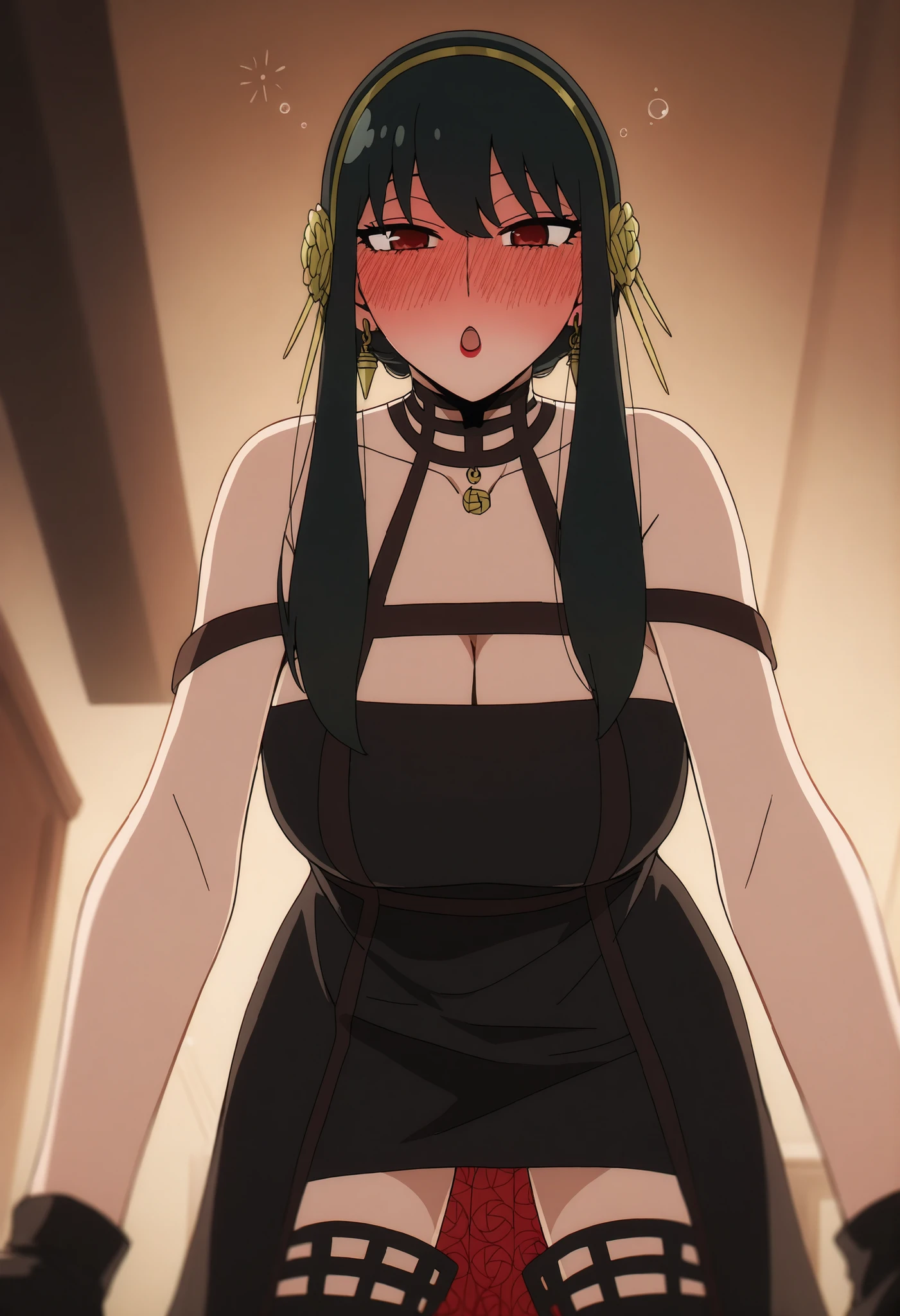 1girl, yor briar, red eyes, black hair, hairband, white hairband, sidelocks, long hair, large breasts,sharp eyes,red cheeks, aggressive female, handsome girl, red lipstick , ,looking at viewer from below twords above, ,a gentle smile, red cheeks,drunk,Her cheeks are deeply flushed, shinny eyes, badass , plain black dress, gold hairband, gloves, cleavage, two-sided dress, two-sided fabric, , thighhighs, sidelocks, standing on all fours,horny