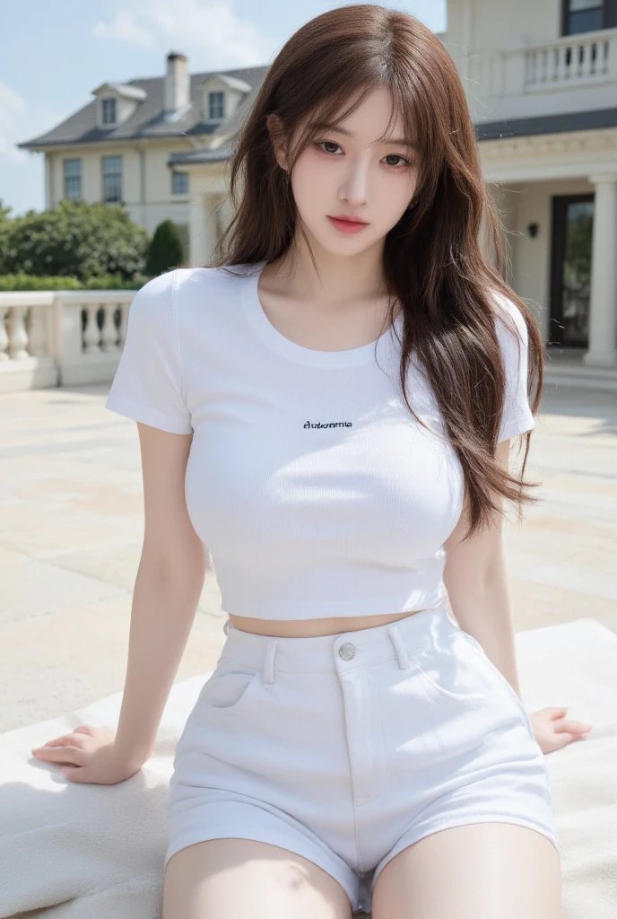 masterpiece, best quality, illustration, Super detailed, fine details, High resolution, 8K,wall paper, perfect dynamic composition,(Details High quality, realistic depiction of eyes:1.3), baseball cap, earrings, (white t-shirt), (black pleated skirt), short bob hair, black hair color, Big Natural Color Lip, sexy pose, (perfect body shape), crying a little、cold gaze, Harajuku style、20 year old girl、cute type、lolita, hposing Gravure Idol, full body photo、focus on crotch, huge breasts