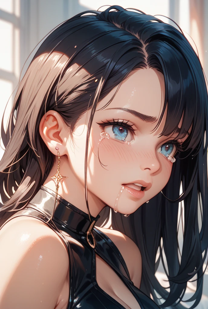 top-quality、Top image quality、masterpiece、girl with((cute little、18year old、Best Bust、Medium bust、Bust 85,Beautiful blue eyes、Breasts wide open,Long Black Hair、A slender、Middle knot、Reflecting the whole body、Sweating、whole body Dripping wet、embarassed face、Ashamed、Black bathrobe))hiquality、Beautiful Art、Background with((Black Room,Large room、Black Bed)),masutepiece、Elaborate design、visualart、depth of fields、The best lighting、highestdetailed、8k,Super delicate,