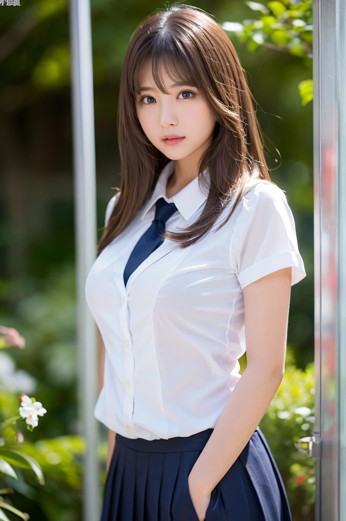 Top Quality, Masterpiece, (Reality: 1.2), 1 Girl, 18 years old, Brown Hair, Brown Eyes, Front View, low angle camera,Detailed Face, Beautiful Eyes, medium breast, school uniform,full body, sitting on the bench, , , open crotch, nice thigh, nice legs, white skin, glowing thigh, glowing legs,nice skin,detailed skin, barefoot