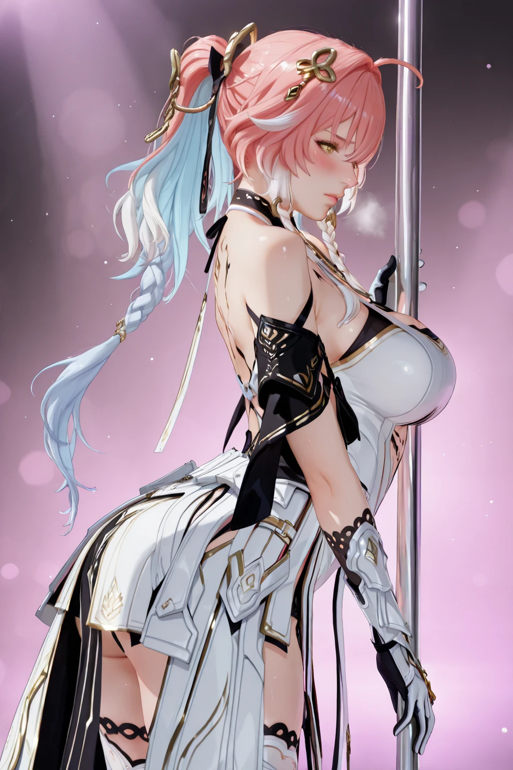 Sexy woman in white gold and pink lotus lace armor skirt, Chengwei Pan at Art Station, Jan J, Detailed fantasy art, Amazing character art, Fan Art Best Art Station, Magnificent and elaborate character art, Beautiful Armor, Highly detailed art gems, Detailed digital anime art, Art Station pixiv&#39;s artgerm, Girl in Armor, Cleavage Big Tits:1.2, (mini skirt:1,5)