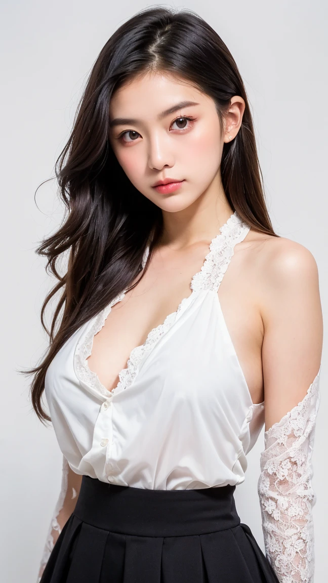 Top quality, RAW Photo, Highest Quality Image, 16K, Full body, Age 22, Realistic, Photorealistic,  Beautiful Asian woman, Sexy, body, White pale skin, Black Hair, Wavy hair, Modern hairstyles, Detailed face, Detailed body, Detailed skin, Single eyelids, Very Small eyes, long eyelashes, bright eyes, green eyes, natural lips, detailed lips, Very Saggy breasts, Very Small breasts, Flat Breasts, long shape breasts, posing in bedroom studio, sunny day light, wearing white see through crop top with all buttons are unbuttoned, no bra, Has Tattoo on the top of rhe chest