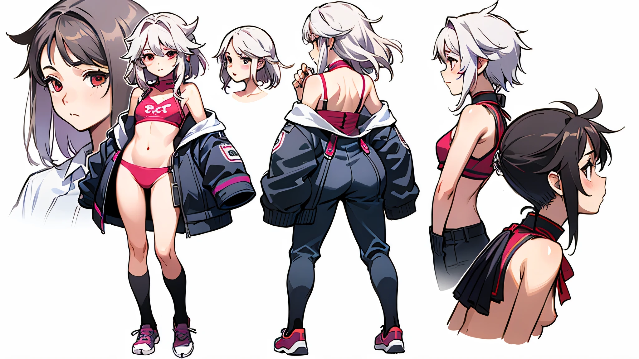 (Masterpiece, best quality), detailed, character sheet, many items (the same person, pink crop top, skinny shorts, lowered suspenders, different lenght striped long stockings, white sneakers, many parts), daemon, detailed beautiful purple eyes, detailed face, white hair and white skin, tongue, braided ponytail, demon horns, full of details.