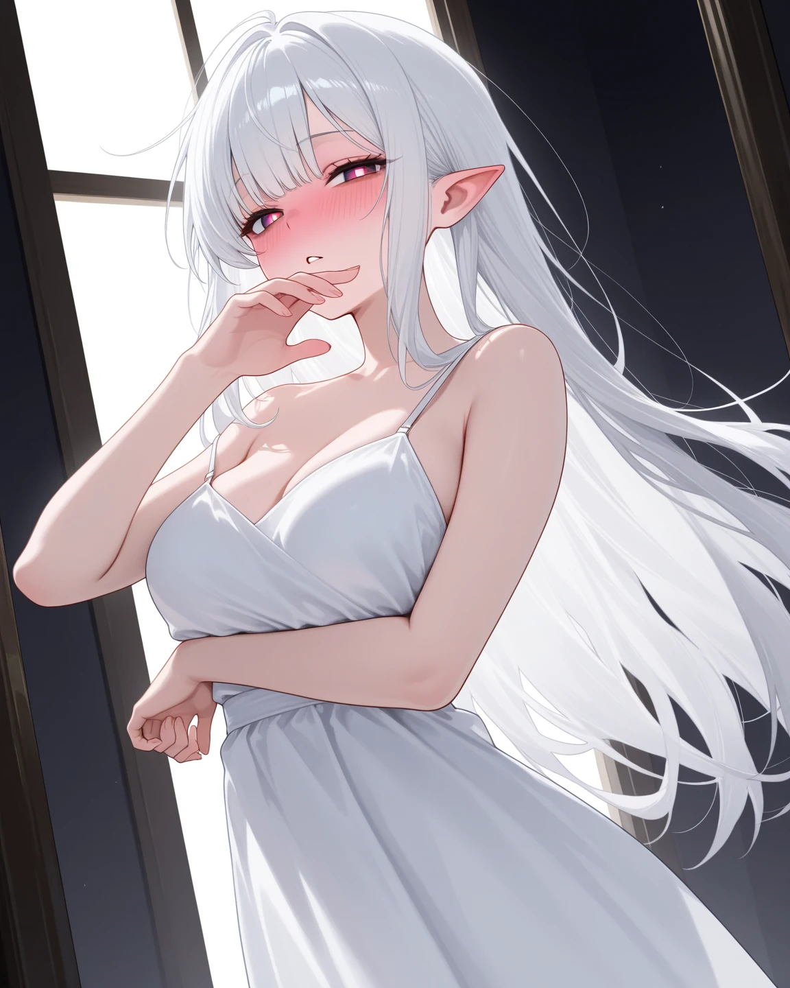 Best quality, highly detailed, masterpiece, ultra detailed, (reality: 1.2), 1 girl, (white background), simple background, delicate eyes, silver hair, purple eyes, hair_ornament, (white off-the-shoulder shirt: 1.3), long hair, pointy_ears, crown_braid, expressionless, straight hair, (++ sitting: 1.2), room,
