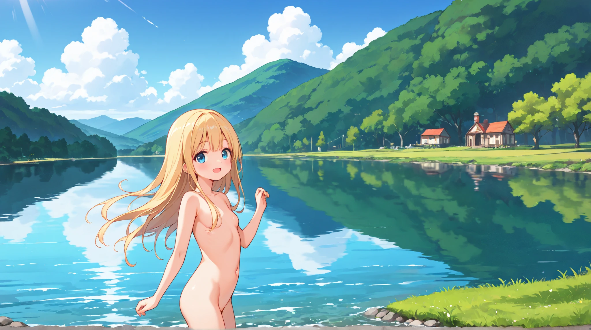 (8k、RAW photo、highest quality、masterpiece:1.2)、(real、photorealistic:1.2)、(ultra high resolution)、(Super detailed)、disorganized、master piece、(Portrait of a girl)、(Completely naked:1.5)、(detailed facial features)、(detailed shiny eyes)、Beautiful 18 year old woman:1.4、(Completely naked、I'm not wearing anything、nothing attached)、(camel toe、camel toe、vulva:1.4)、(full nude:1.5)、perfect golden ratio face、perfect lighting、perfect composition、Perfect big eyes、perfect skin、Anatomically perfect skeleton、perfect fingers、small but perfectly shaped breasts,、small breasts、Silky shiny platinum blonde hair、Wet and see-through(camel toe、pink nipples)、small, taut breasts、Non-saggy breasts、Lack of cleavage、The body is soaking wet、medium straight hair、smile、thin pelvis、thin legs、脚の間から見えるbackground、legs open、photon mapping、professional lighting、stroboscope、Shooting using a reflector board、shining white skin、Hands are on the side or back of the body、background:rapids deep in the mountains、Very transparent river water、There are huge boulders、