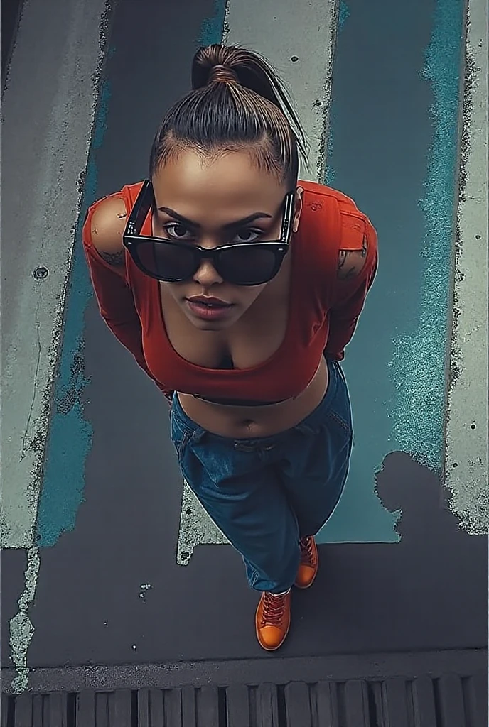 "Create an image set in the middle of an empty alleyway, featuring a person wearing a one-piece outfit extending to the knees, paired with black heels and goggles."