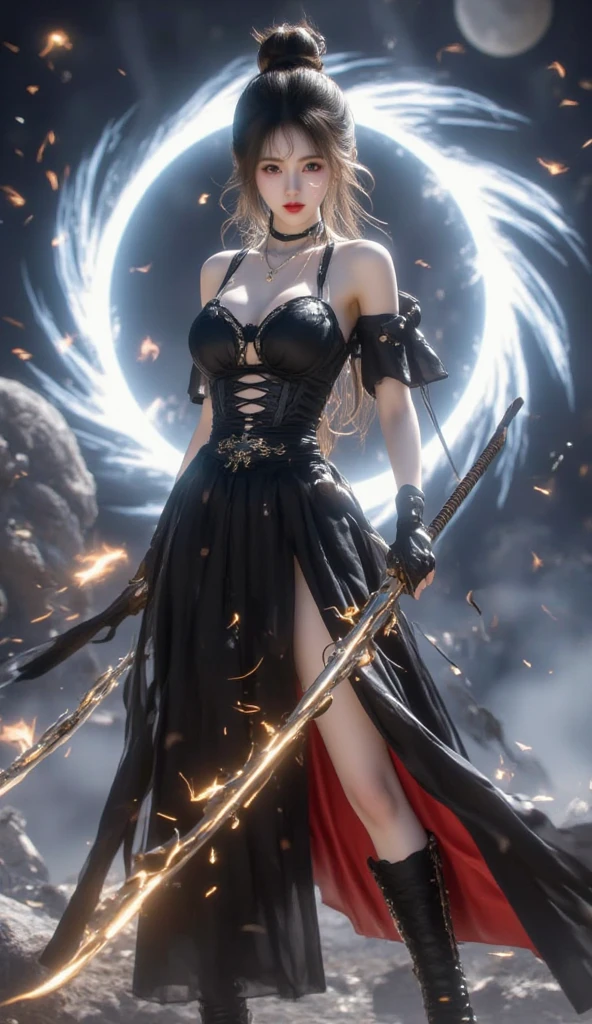 ((best quality)), ((masterpiece)), (detailed), Realistic beautiful girl, long white hair, red eyes, short lace skirt, thigh highs, high heels, tattoos, lightning background,. High detail 4k
