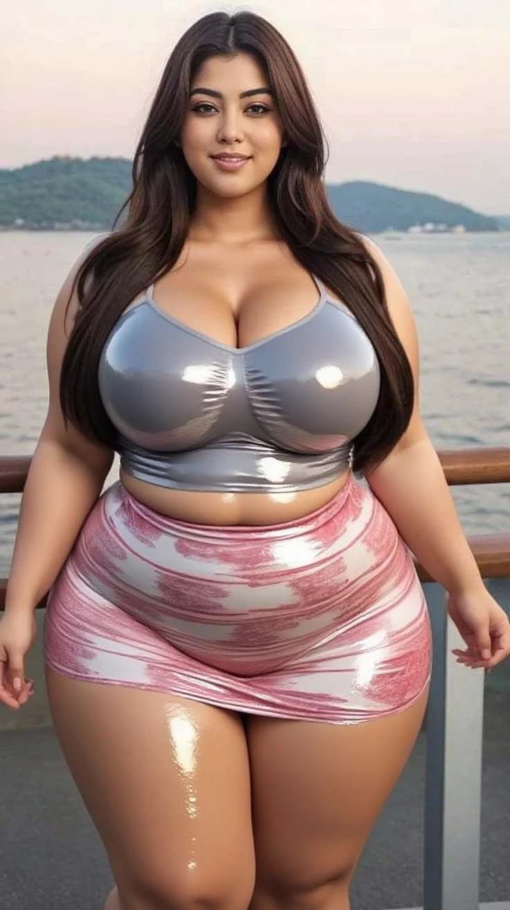 Create an 8K UHD image of a plus-size woman with a big, curvy body and thick thighs, standing in front of London Bridge. She has a big chest with deep cleavage and is wearing a glossy, colorful crop top dress. Her white skin is spotless and smooth, her black hair wavy with brown highlights, and her eyes bright Brown and extremely detailed. The background should feature colorful lights and daylight for a high-quality, cinematic image.
