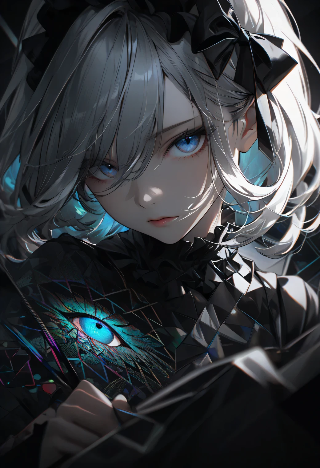 ( digital art in South Korea :0.2),(Geometric Art:1.7),(top quality),(masterpiece), delicately drawn face ,a girl with a beautiful face, beautiful detailed blue eyes ,gothic lolita fashion,((Black and White Costumes )),( Beautiful Silky Silver Hair :1.2),Black ribbon hair ornament , movie lights, abstract, Beautiful Gradation of the Sky , geometric background ,(mosaic), looking at the viewers, ((yoneyama mai style)), ambient light, darker background, focus mode, (noise texture:0.32), (cyan and magenta outline glitch:0.12), extremely detailed CG unity 8k wallpaper, extremely detailed, High Detail, vibrant colors, anime style, cover art,(artist:quasarcake:0.8),extreme aesthetic,(wlop:0.6),masterpiece,best quality,good quality,newest,very aesthetic,absurdres,Visual impact,32K UHD,sharp focus,(mogumo:1.1),(good hands, nice hands:0.5),impactful picture,offcial art, scottie \(phantom2\)
