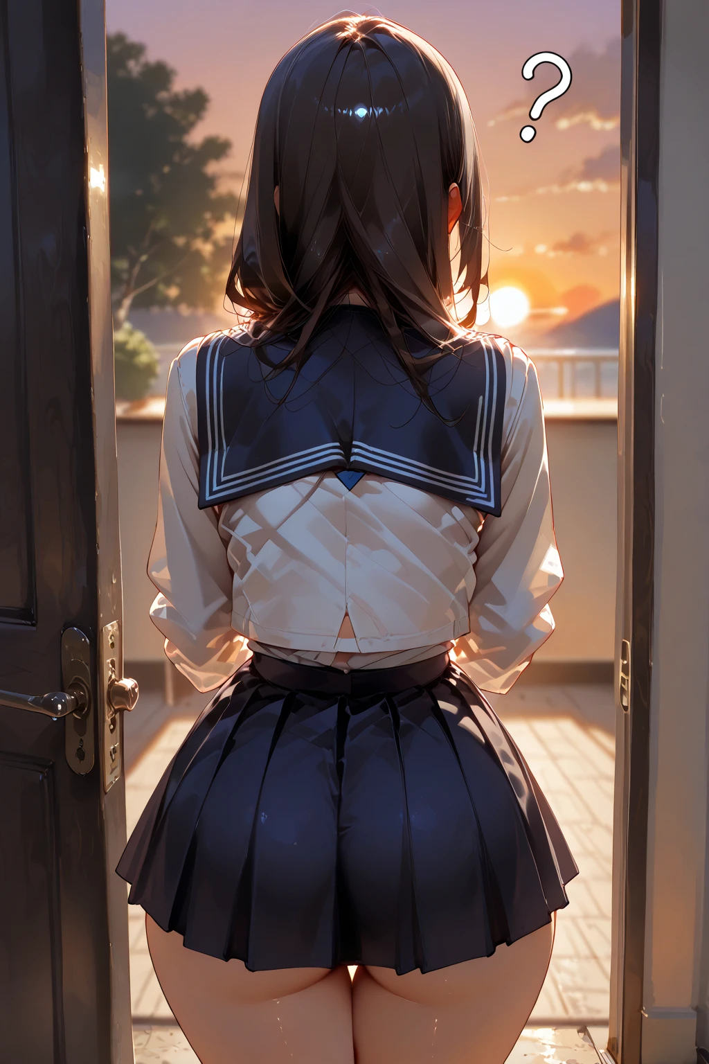 (2 girls, 15 years old, same height :1.2) ,Rear view, couple focus , japanese girl , (smile:0.7), stand next to each other , Upper body, please reconsider, (Never wear a skirt), ((sailor suit, long sleeve)), realistic butt crack, にやにやのsmile, very short hair , (high color saturation:1.0), (highly detailed skin), (highest quality:1.0), (ultra high resolution:1.0) ,(realistic:1.0), (Super detailed:1.0), (8K, Raw photo:1.1), (((Real and beautiful butt, small ass, I can see your butt))), (((No panties))